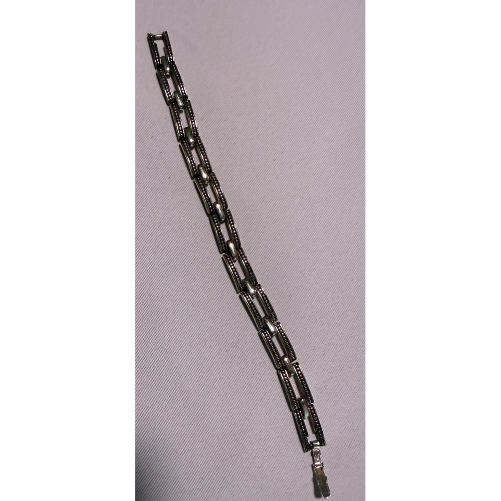 Napier Silver Tone Beaded Rectangular Link Bracelet‎ Fold Over Clasp Vtg Style